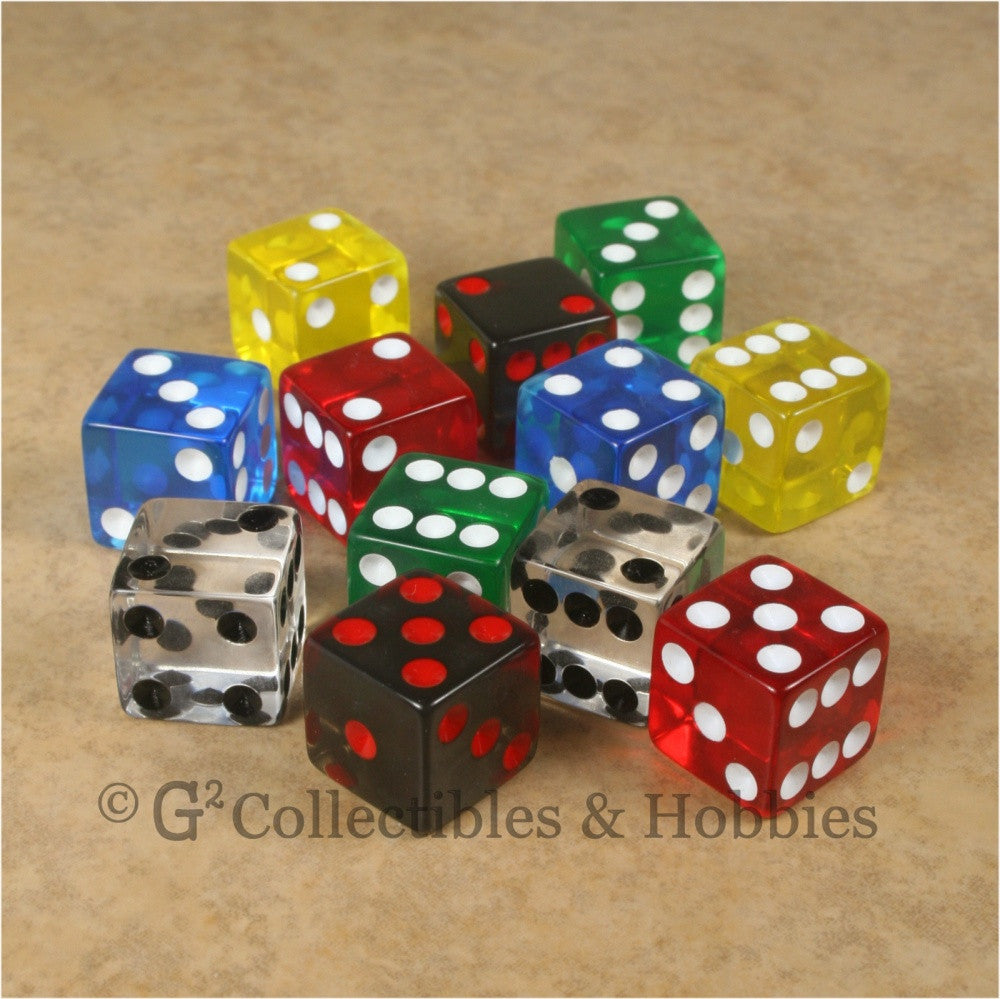 D6 16mm Transparent Multicolored 12pc Dice Set - 6 Colors