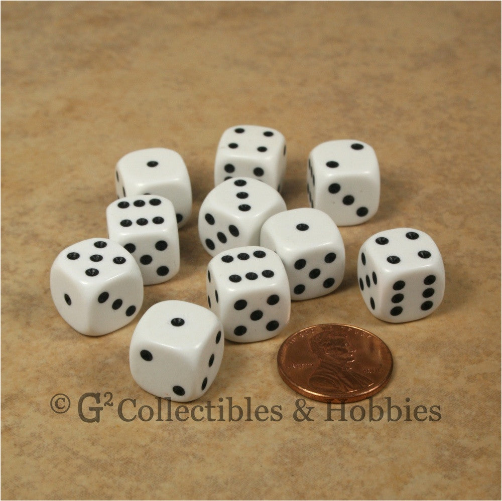 D6 12mm Rounded Edge White with Black Pips 10pc Dice Set