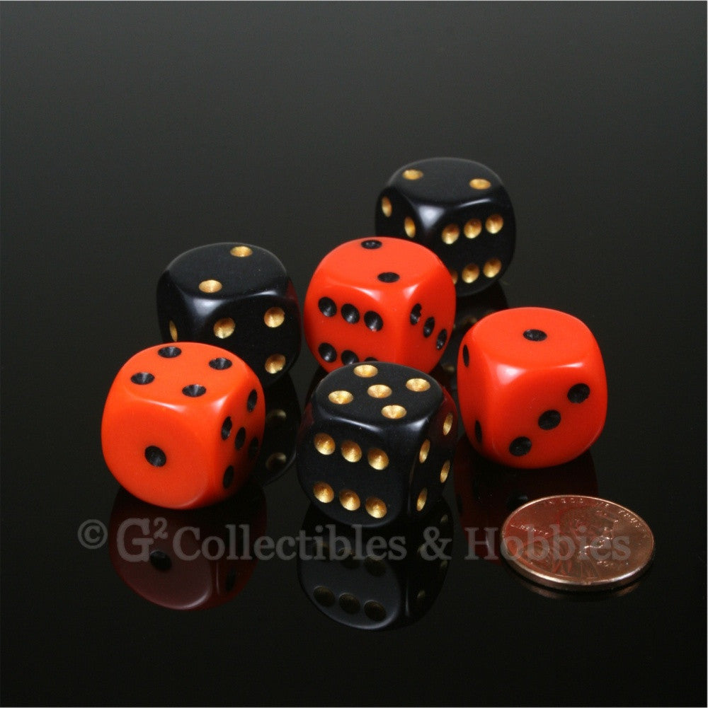 D6 16mm Rounded Edge 6pc Dice Set - Orange & Black