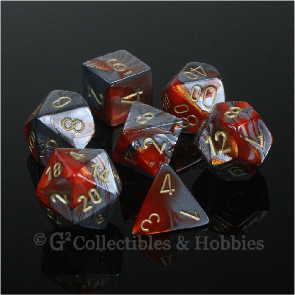 RPG Dice Set Gemini Orange / Steel Gray with Gold Numbers 7pc