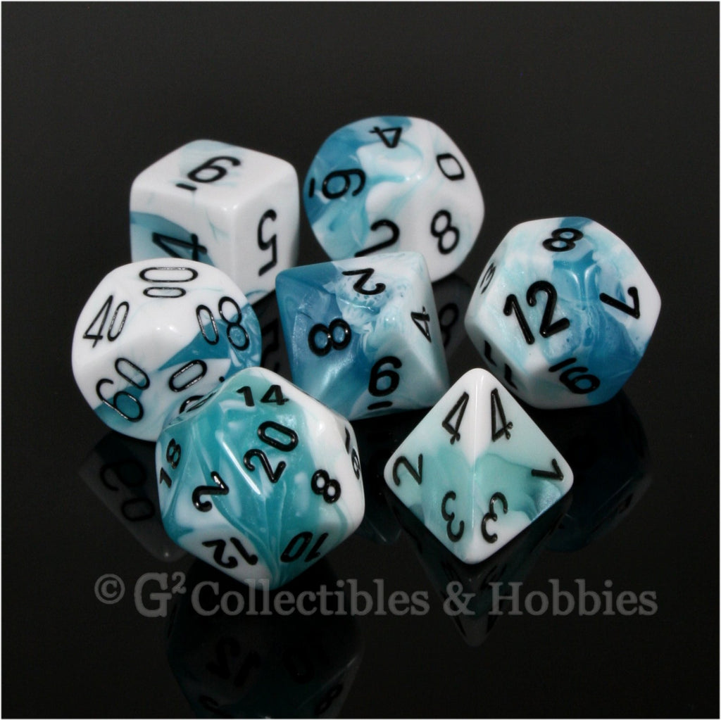 RPG Dice Set Gemini Teal / White with Black Numbers 7pc