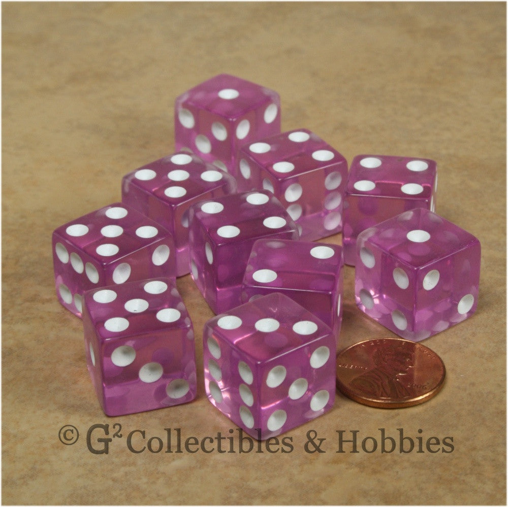 D6 16mm Transparent Orchid with White Pips 10pc Dice Set