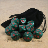 D10 Ankh Pearlized Green with Red Numbers 10pc Dice & Bag Set