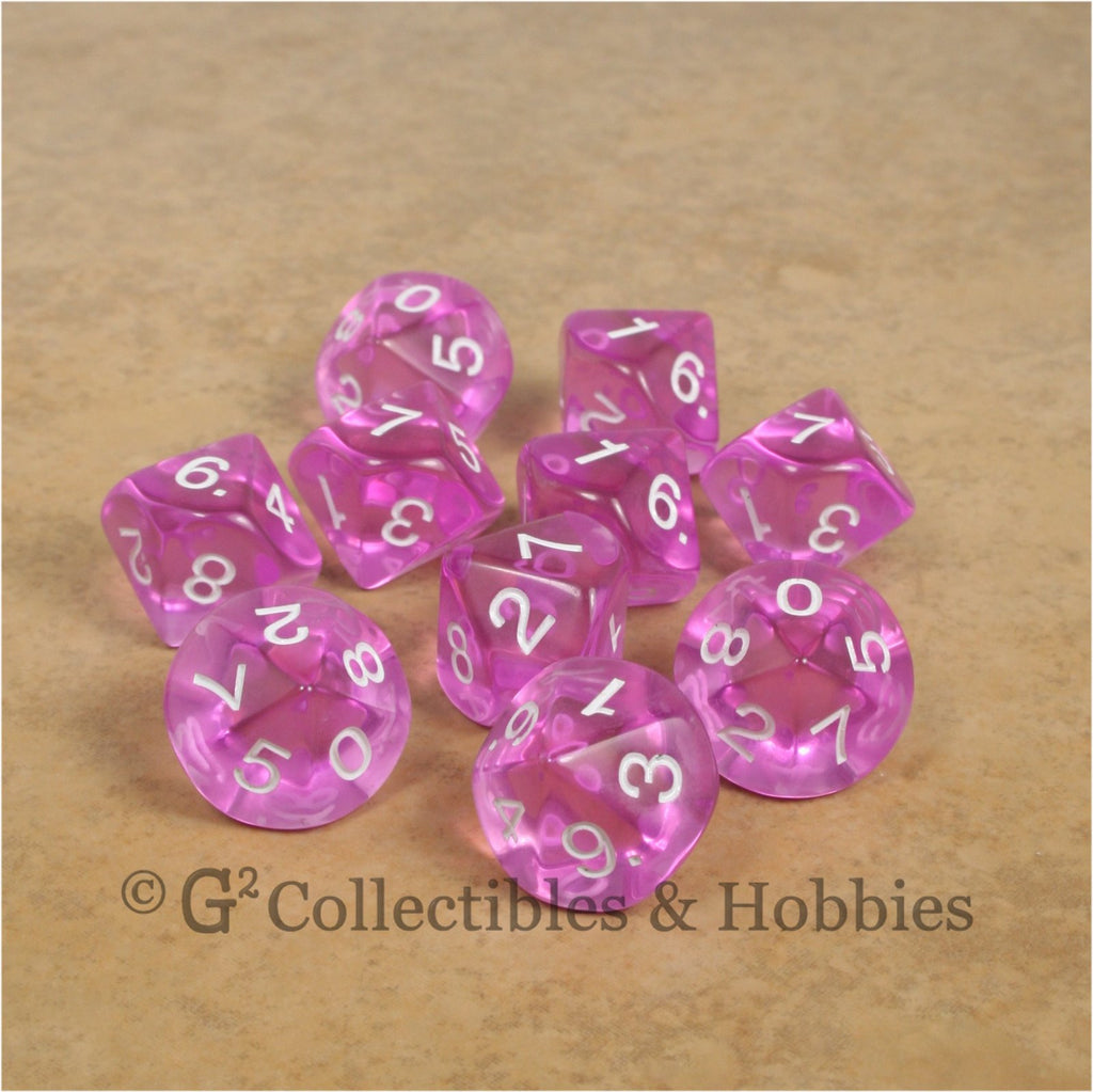 D10 Transparent Orchid with White Numbers 10pc Dice Set