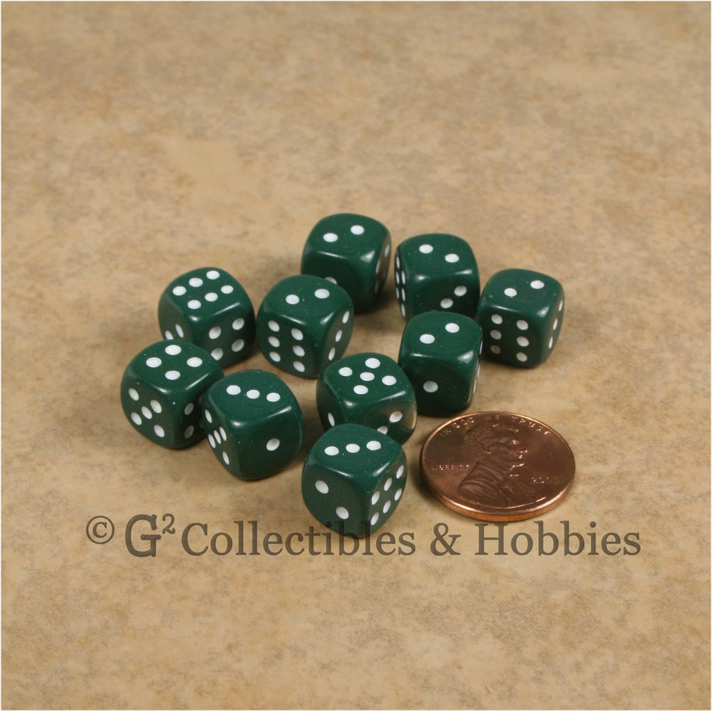 D6 10mm Opaque Hunter Green with White Pips 10pc Dice Set