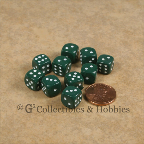 D6 10mm Opaque Hunter Green with White Pips 10pc Dice Set