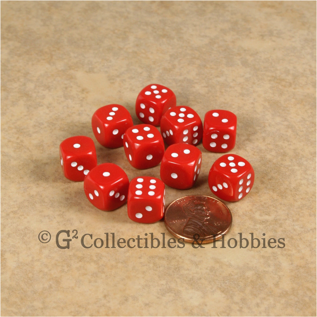 D6 10mm Opaque Red with White Pips 10pc Dice Set