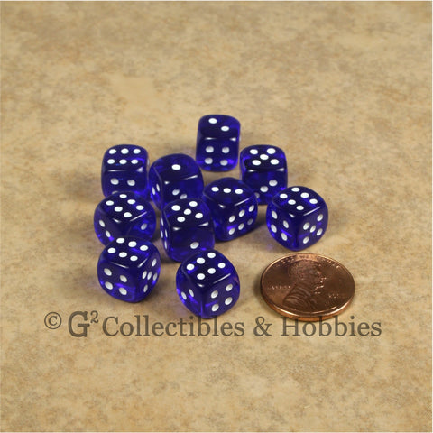 D6 10mm Transparent Blue with White Pips 10pc Dice Set