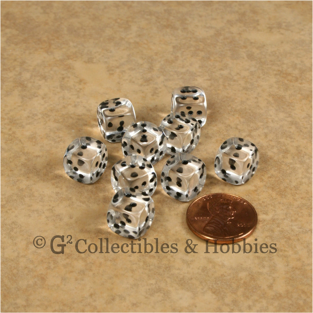 D6 10mm Transparent Clear with Black Pips 10pc Dice Set