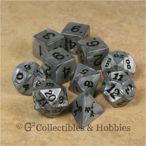 RPG Dice Set Olympic Silver with Black Numbers 10pc