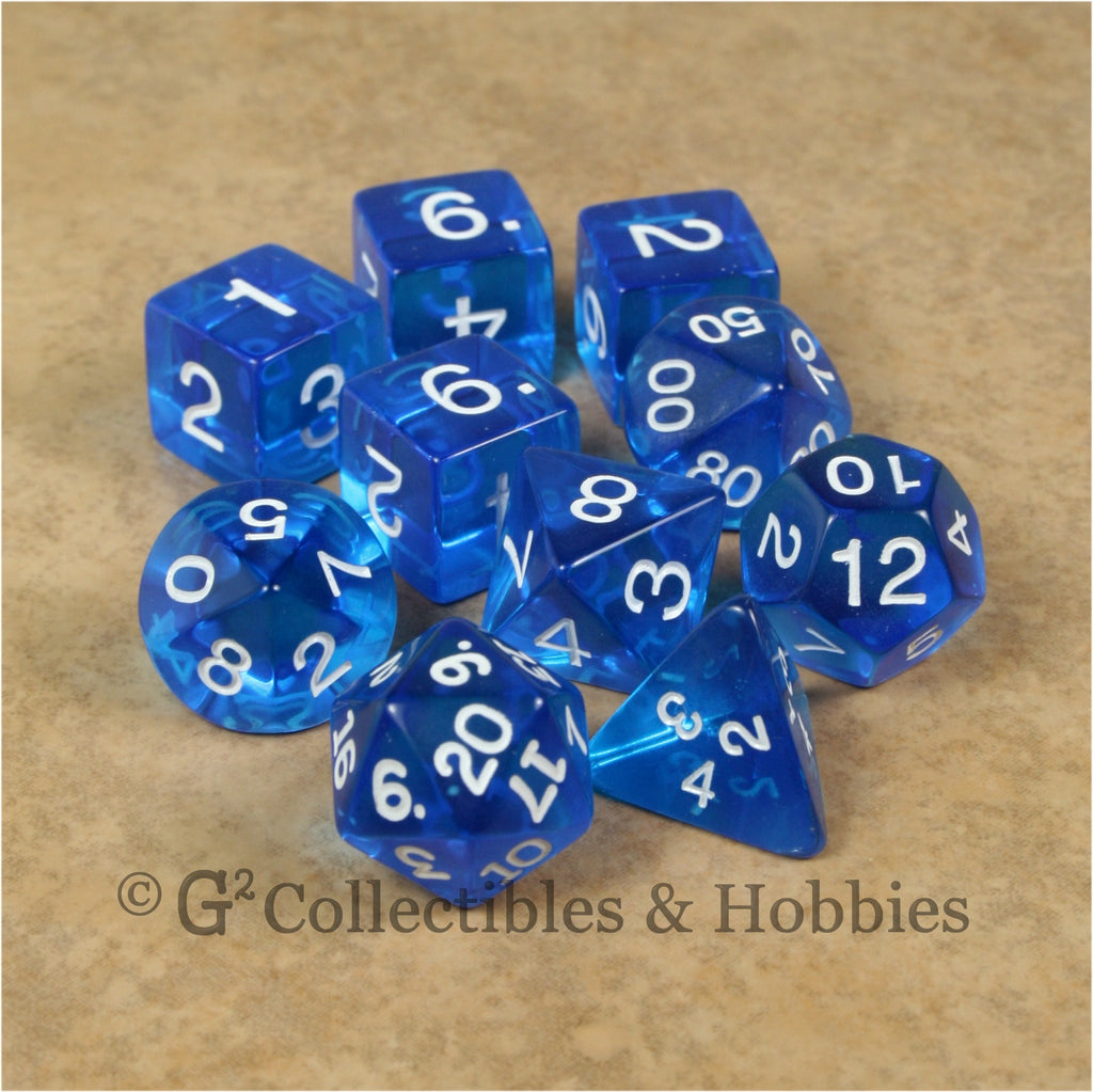 RPG Dice Set Transparent Blue with White Numbers 10pc