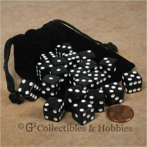 D6 12mm Opaque Black 20pc Dice & Bag Set