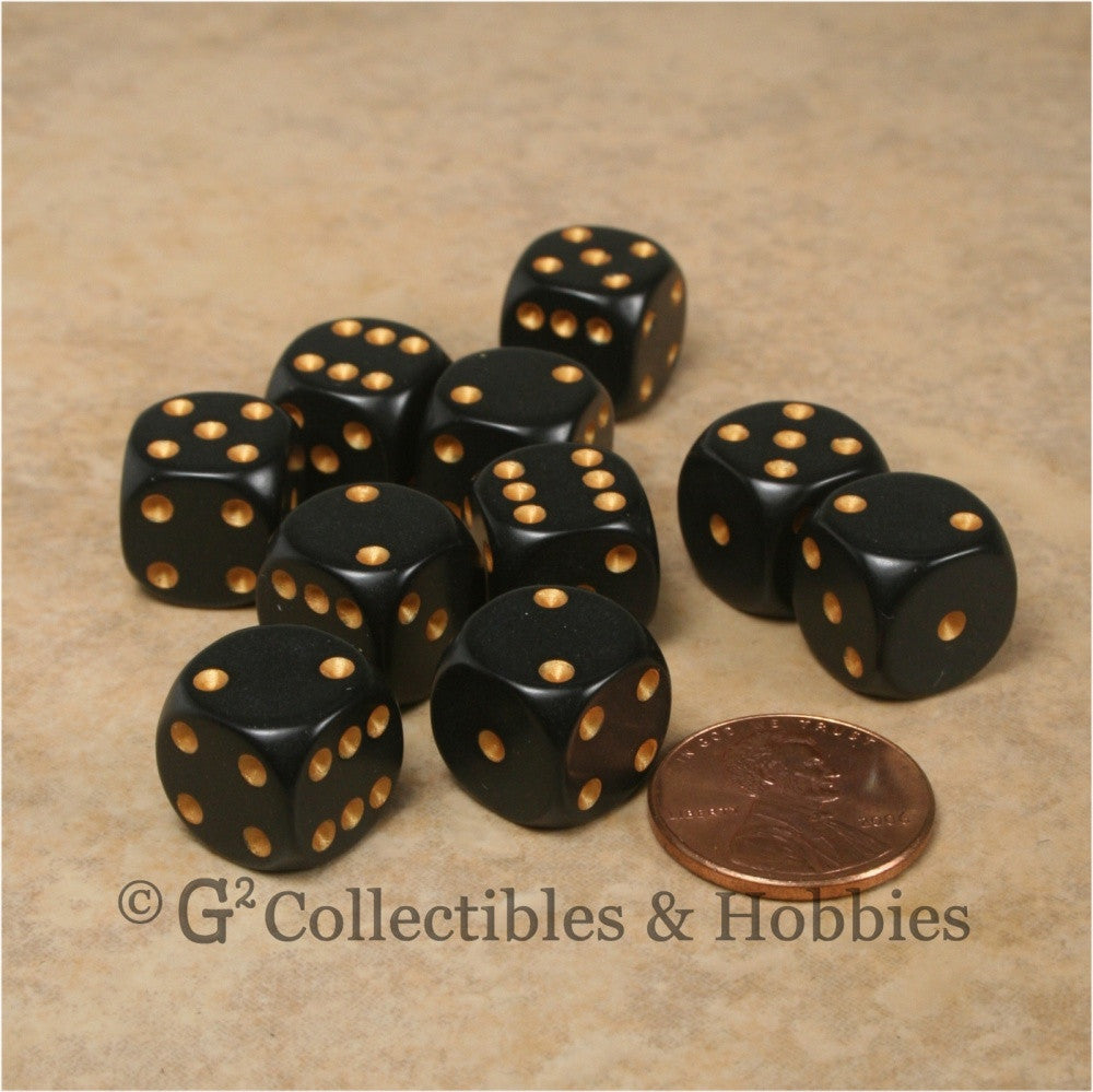 D6 12mm Rounded Edge Black with Gold Pips 10pc Dice Set