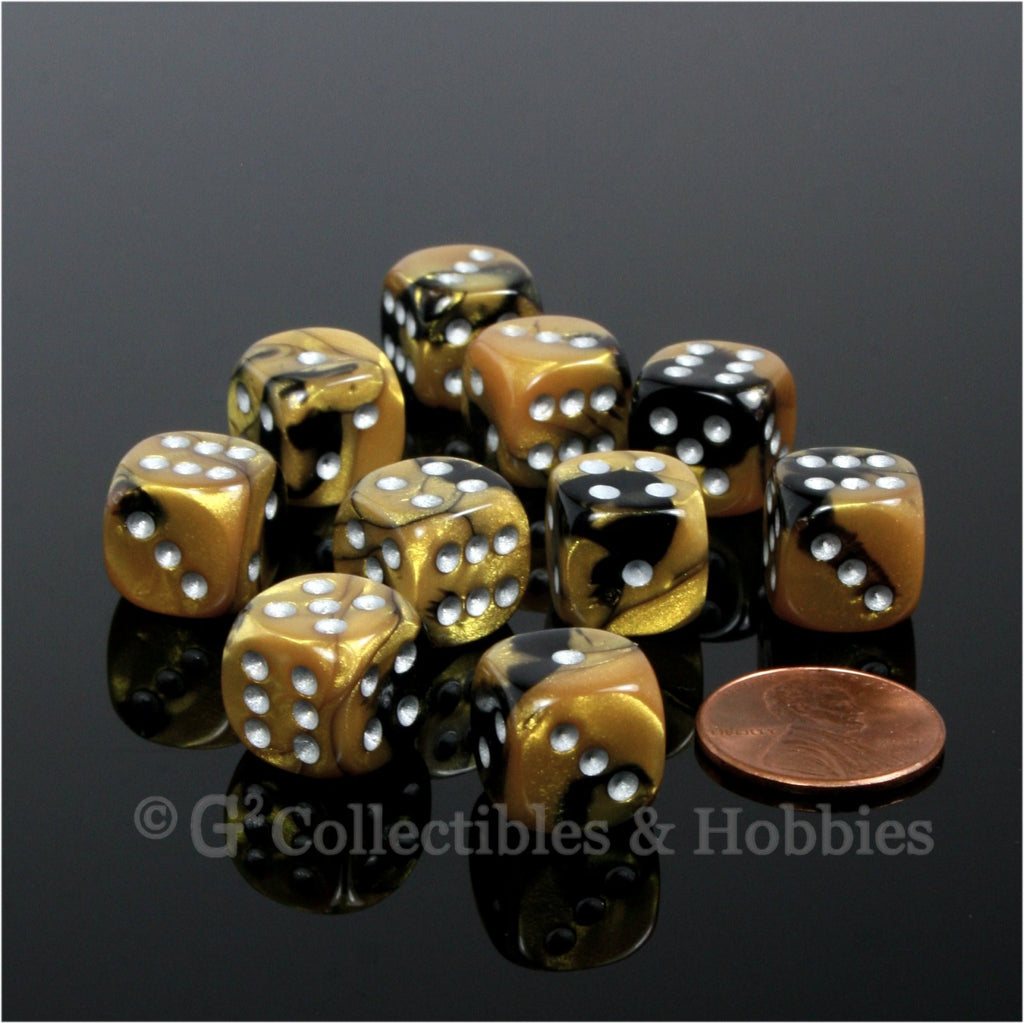 D6 12mm Gemini Black/Gold with Silver Pips 10pc Dice Set