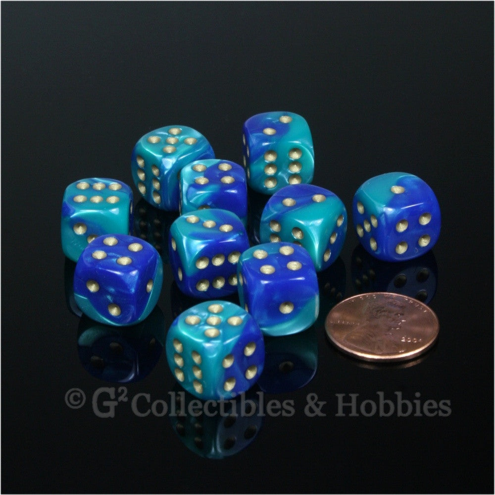 D6 12mm Gemini Blue/Teal with Gold Pips 10pc Dice Set