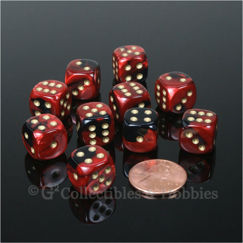 D6 12mm Gemini Black/Red with Gold Pips 10pc Dice Set