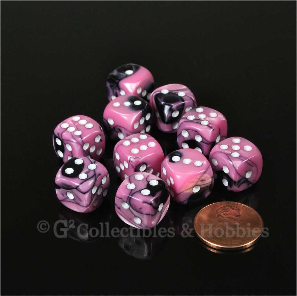 D6 12mm Gemini Black/Pink with White Pips 10pc Dice Set