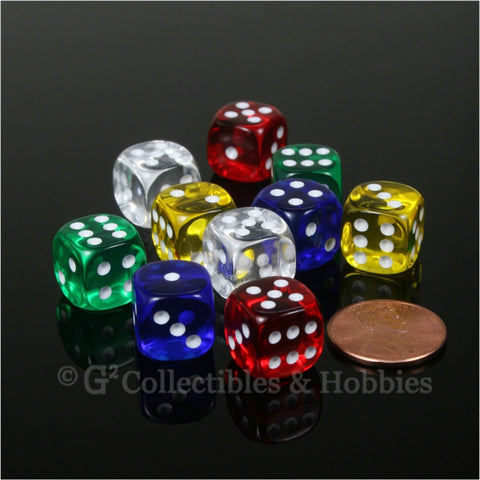 D6 12mm Transparent Multicolor 10pc Dice Set - 5 Colors