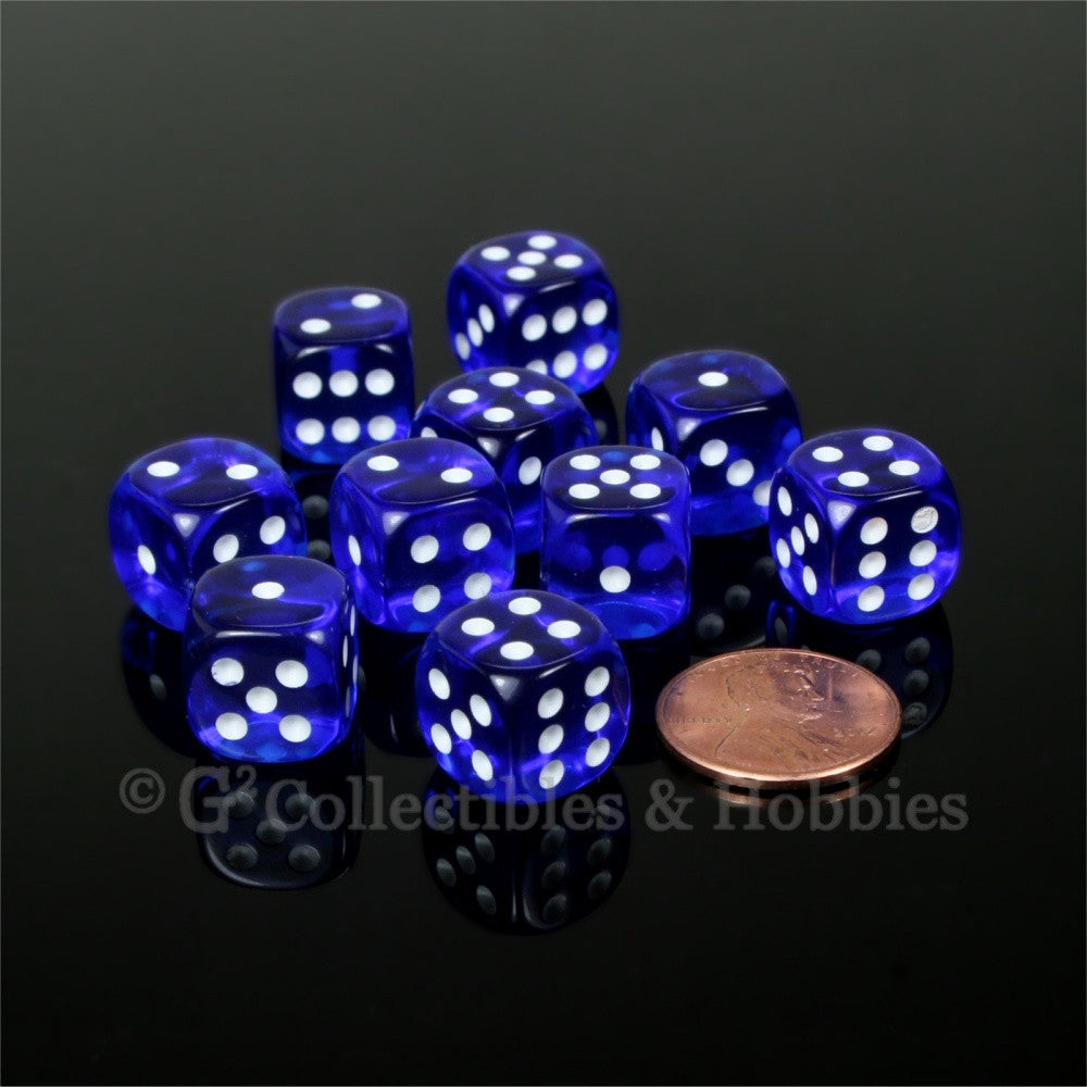 D6 12mm Transparent Dark Blue with White Pips 10pc Dice Set