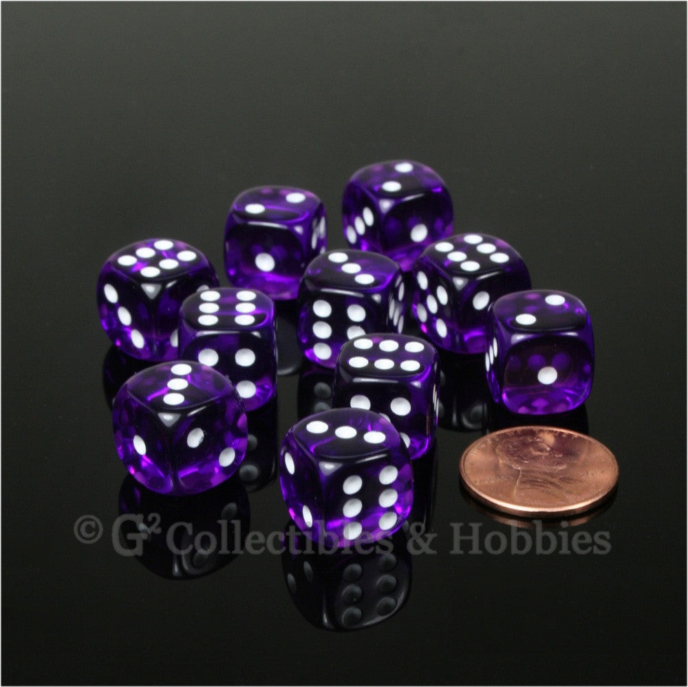 D6 12mm Transparent Purple with White Pips 10pc Dice Set