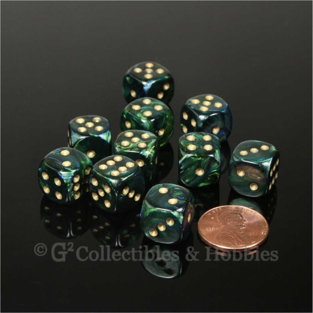 D6 12mm Scarab Jade Green with Gold Pips 10pc Dice Set