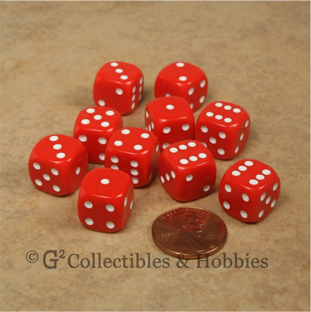 D6 12mm Rounded Edge Red with White Pips 10pc Dice Set