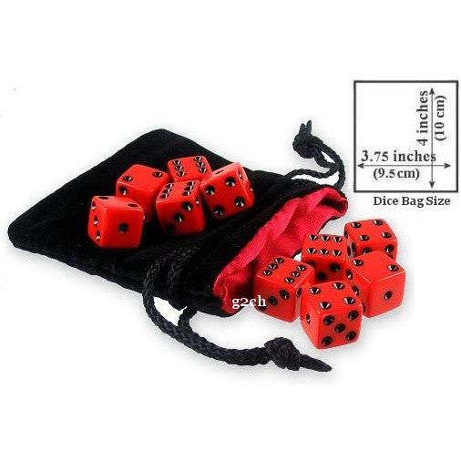 D6 16mm Opaque Red with Black Pips 10pc Dice Set w/ Velvet Bag