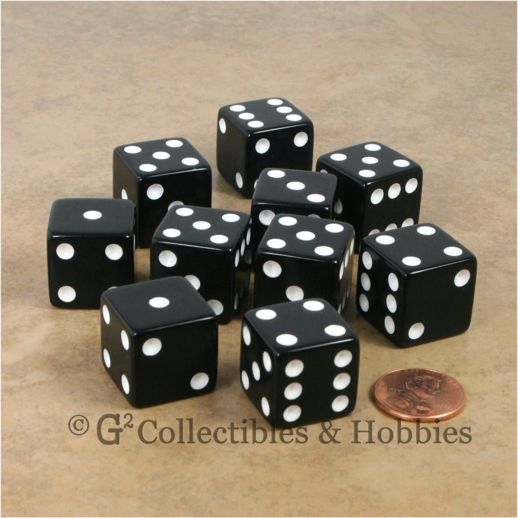 D6 19mm Opaque Black with White Pips 10pc Dice Set