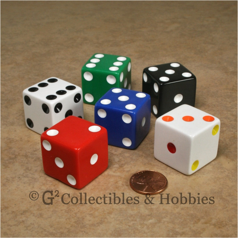 D6 25mm Opaque Multicolored with White/Black Pips 6pc Dice Set