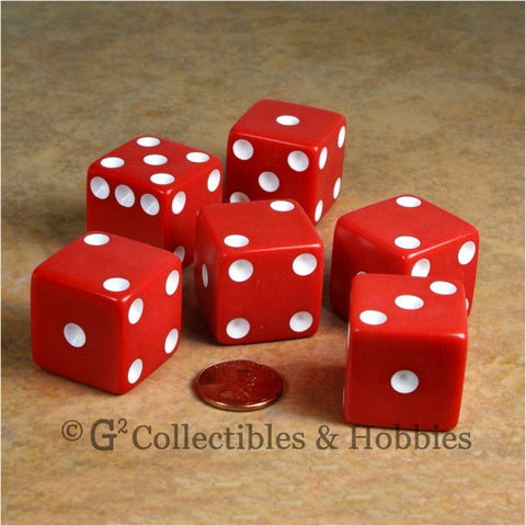 D6 25mm Opaque Red with White Pips 6pc Dice Set