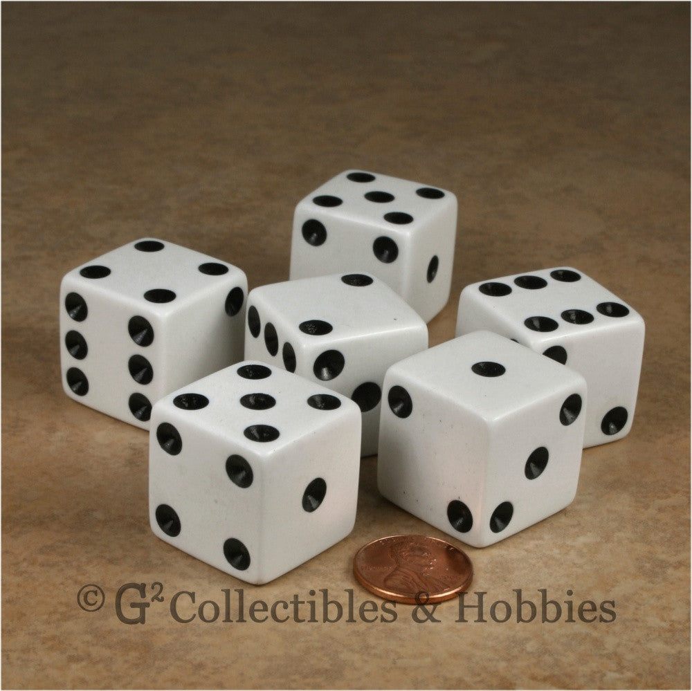 D6 25mm Opaque White with Black Pips 6pc Dice Set