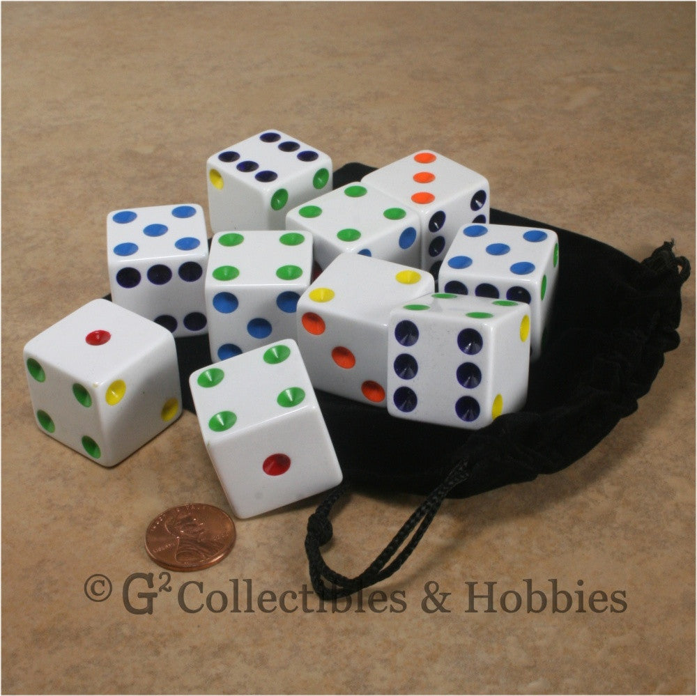 D6 25mm Opaque White with Multi-Color Pips 10pc Dice & Bag Set