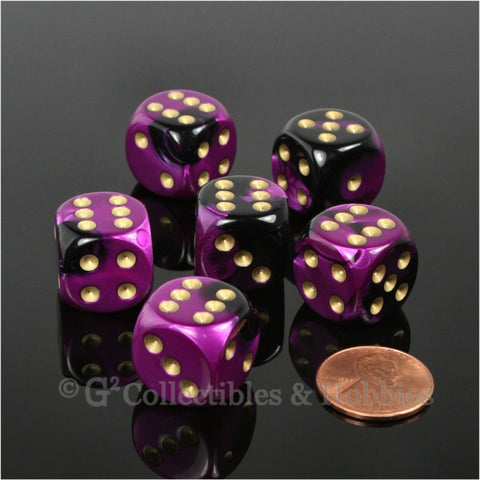 D6 16mm Gemini Black/Purple with Gold Pips 6pc Dice Set