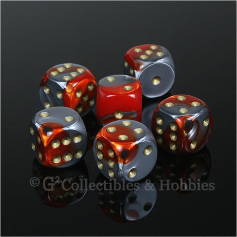 D6 16mm Gemini Orange/Steel Gray with Gold Pips 6pc Dice Set