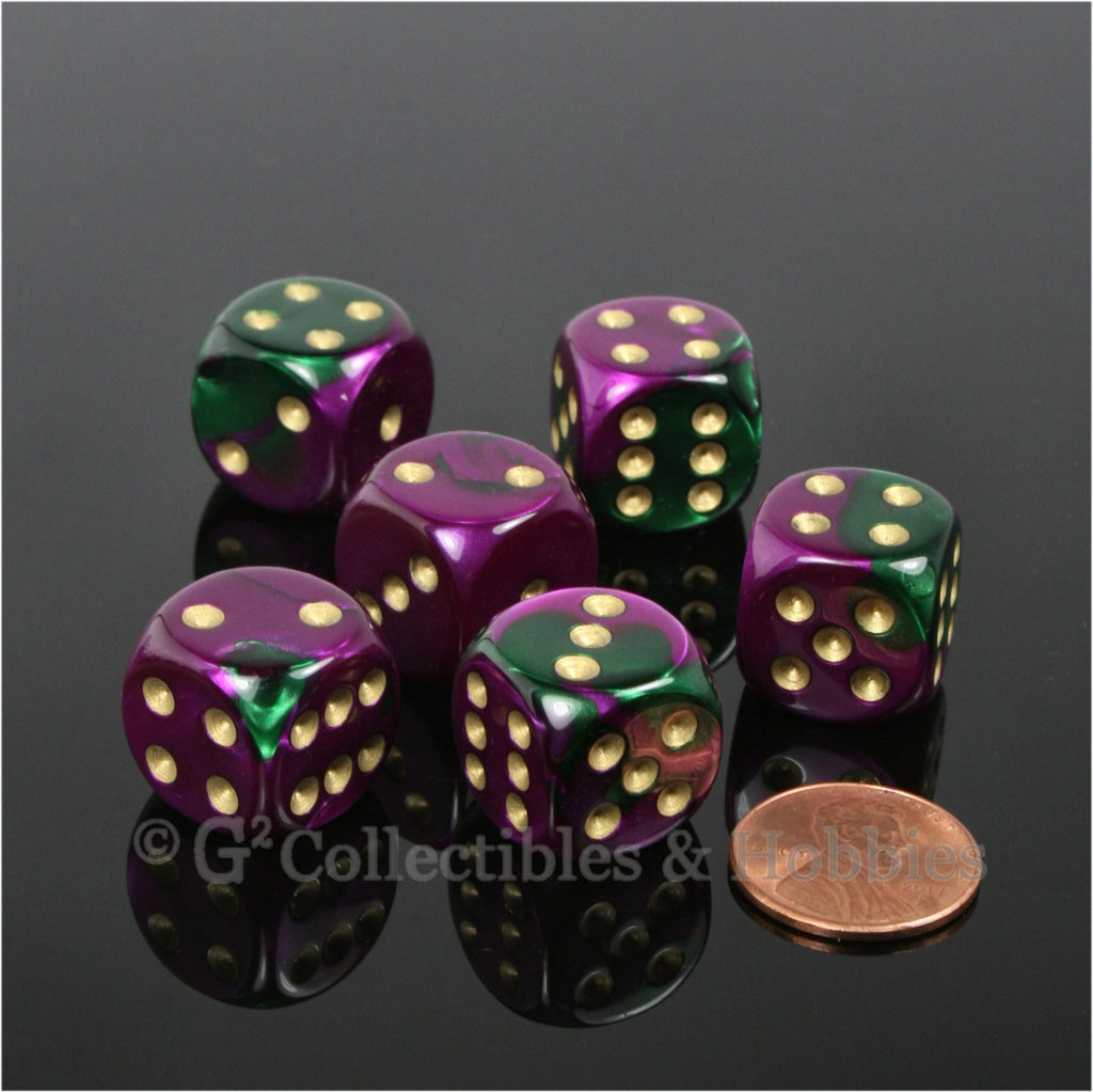D6 16mm Gemini Green/Purple with Gold Pips 6pc Dice Set
