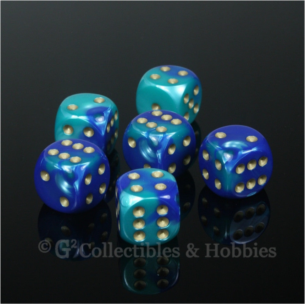 D6 16mm Gemini Blue/Teal with Gold Pips 6pc Dice Set