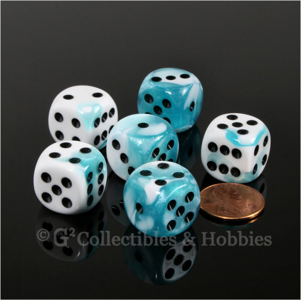 D6 16mm Gemini Teal-White with Black Pips 6pc Dice Set
