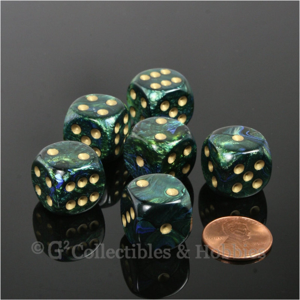 D6 16mm Scarab Jade Green with Gold Pips 6pc Dice Set
