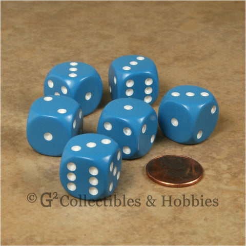 D6 16mm Rounded Edge Light Blue with White Pips 6pc Dice Set
