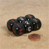 D3 (6 Sided) RPG Dice Set 6pc - Black with Red Gold White Numbers