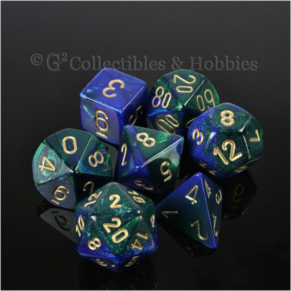 RPG Dice Set Gemini Blue / Green with Gold Numbers 7pc