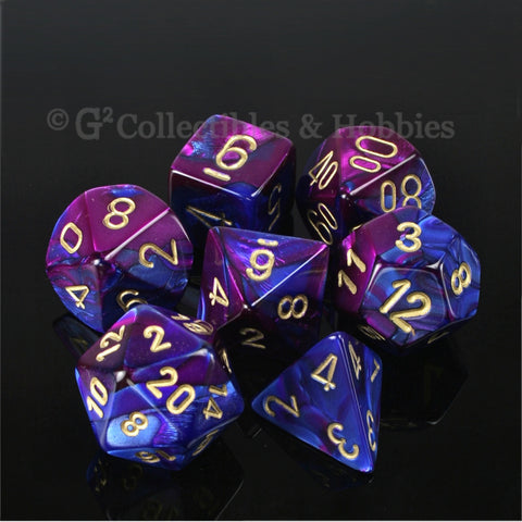 RPG Dice Set Gemini Blue / Purple with Gold Numbers 7pc