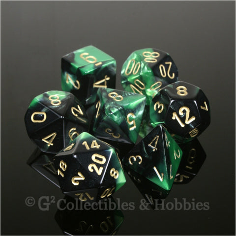 RPG Dice Set Gemini Black / Green with Gold Numbers 7pc
