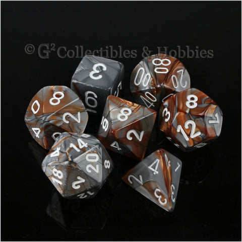RPG Dice Set Gemini Copper / Steel Gray with White Numbers 7pc