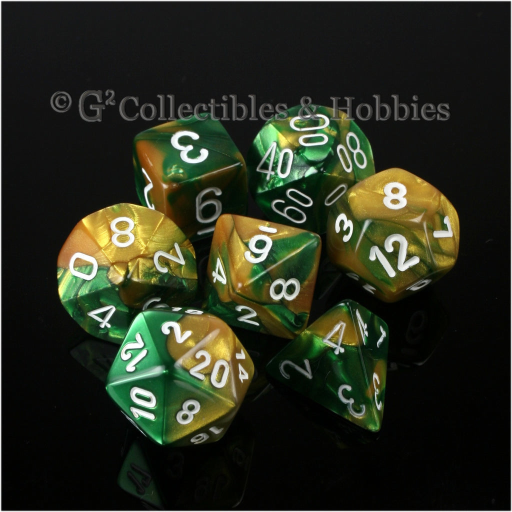 RPG Dice Set Gemini Gold / Green with White Numbers 7pc