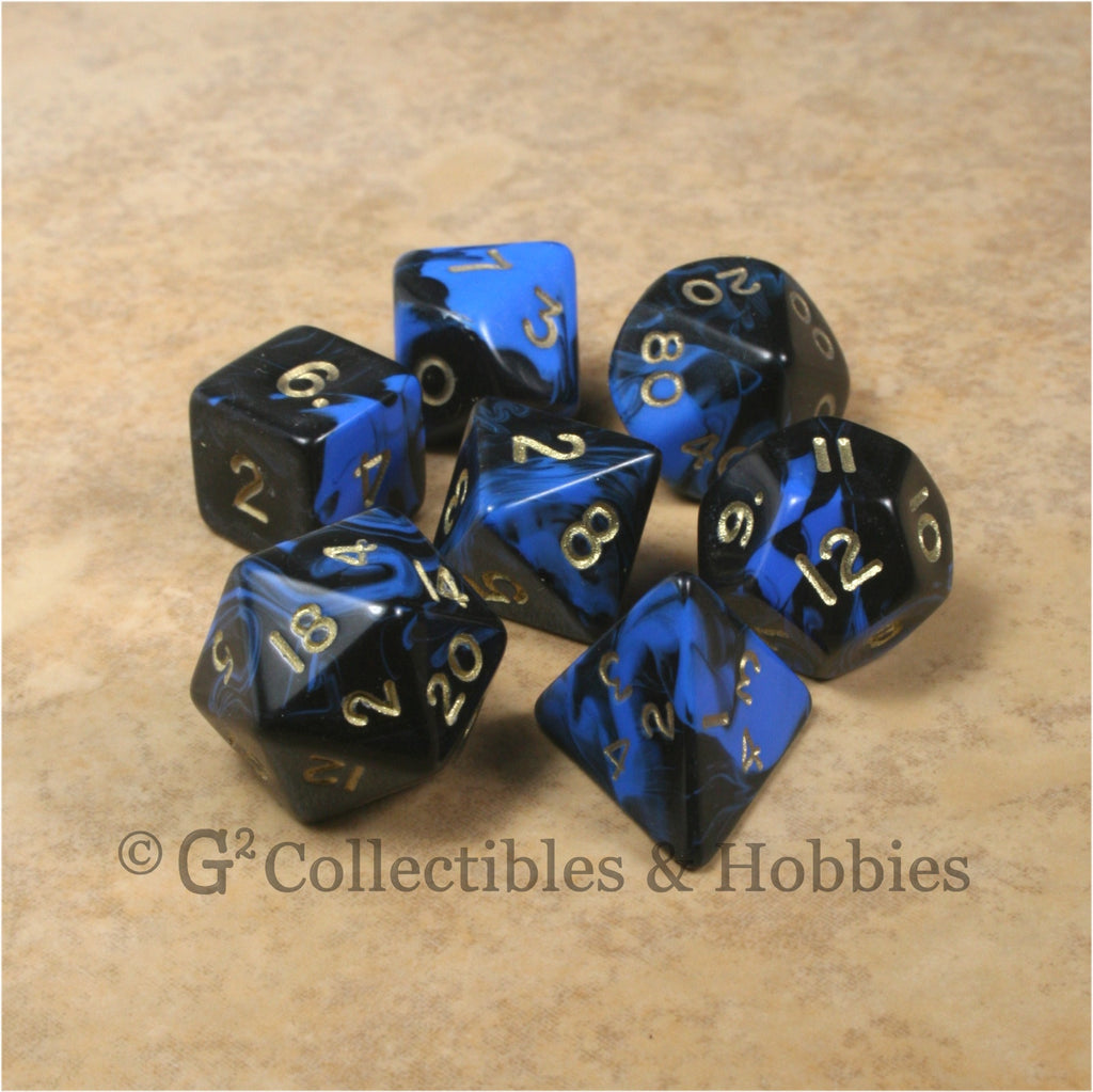 RPG Dice Set Oblivion Black Blue with Gold Numbers 7pc