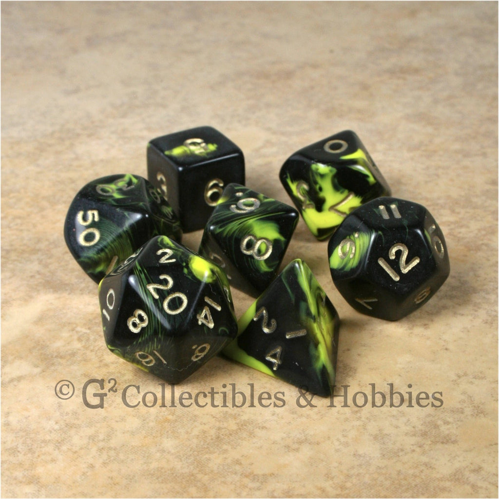 RPG Dice Set Oblivion Black Yellow with Gold Numbers 7pc
