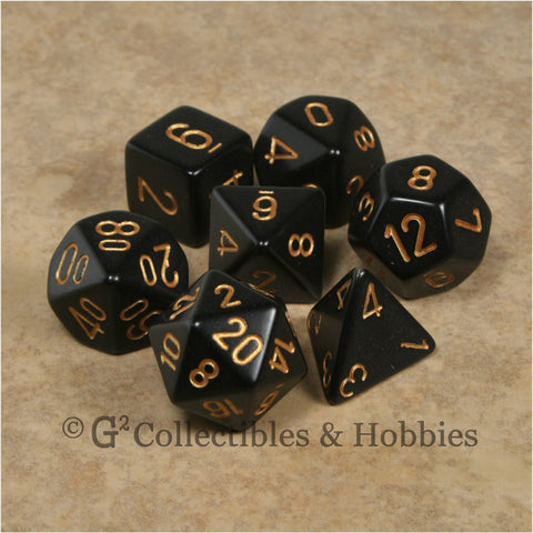 RPG Dice Set Opaque Black with Gold Numbers 7pc