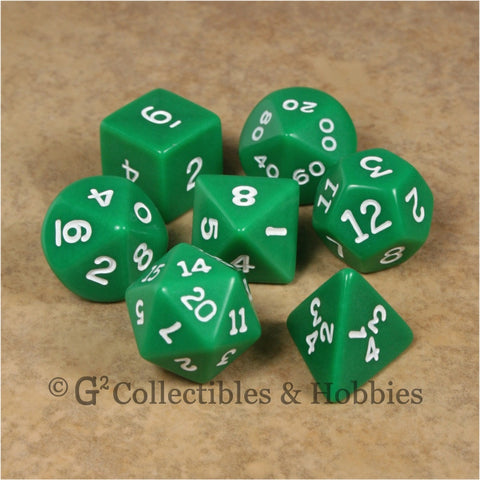 RPG Dice Set Opaque Green with White Numbers 7pc