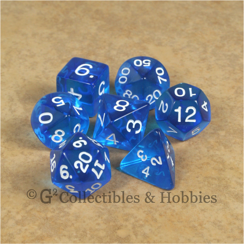 RPG Dice Set Transparent Blue with White Numbers 7pc